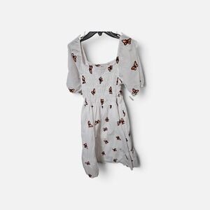 Kindred White Butterfly Print Smocked Puff Sleeve Tiered Mini Dress New